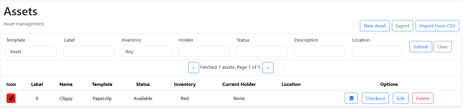 An asset listing with a singular asset
