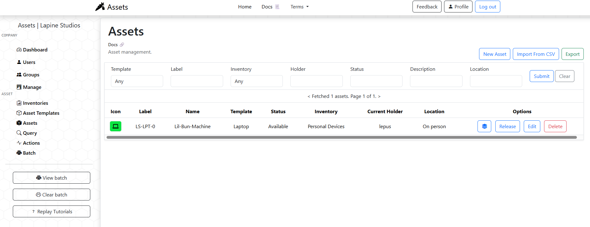 Assets dashboard interface
